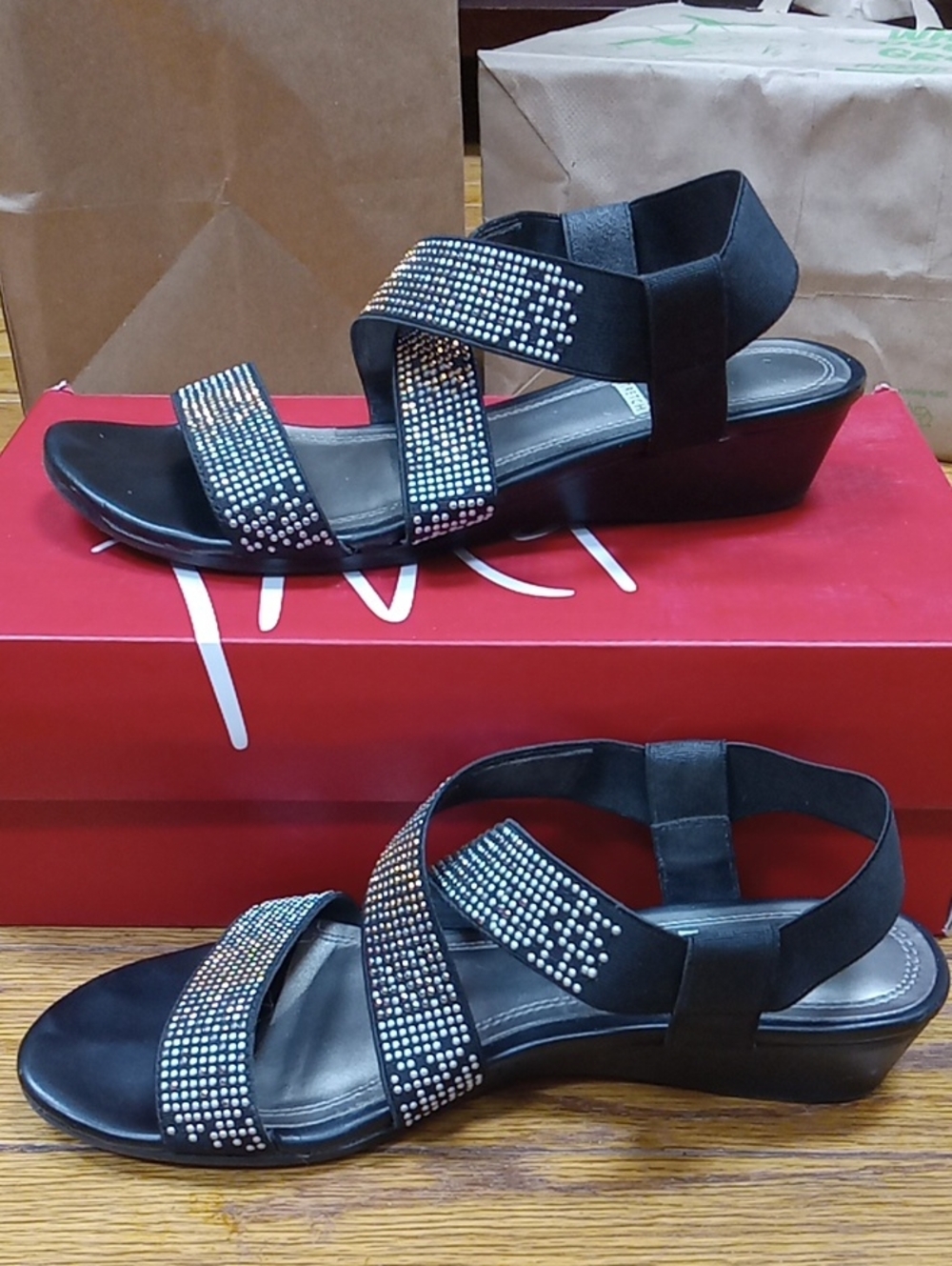 Impo Reign Stretch Rhinestone Strappy Low Wedge Sandals Black Size 6
